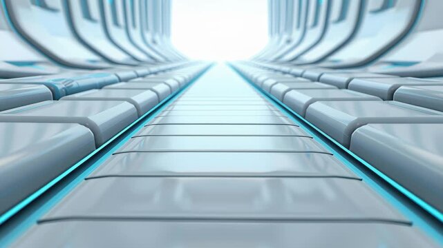 Modern Architectural Abstract: An expansive corridor of futuristic design, lines and curves merge to create a feeling of movement, leading the eye toward a bright, open space. 