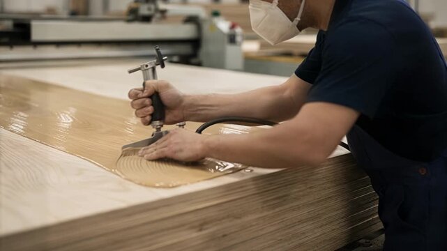 Medium shot of skilled worker applying adhesive on hardwood veneers for engineered plywood panel emphasizing precision and craftsmanship in the lamination process.