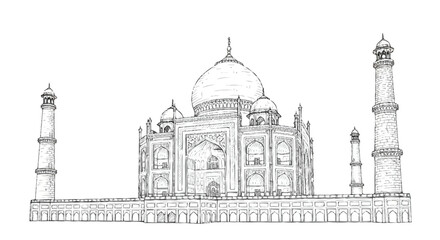 Black and white of the Taj Mahal with domes and minarets line architecture monument © Vector Art