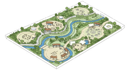 Fototapeta premium Aerial view of a park with winding river and circular gathering areas trees