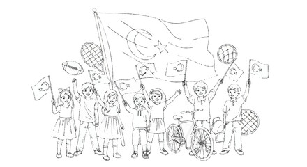 Children holding flags and standing with a bicycle kids protest