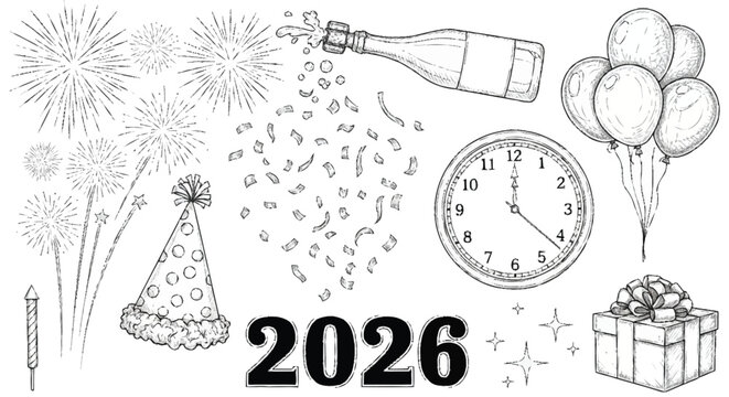 New Year's Eve celebration with 2026 fireworks champagne bottle clock striking midnight