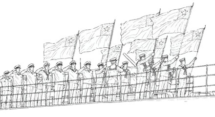 Fototapeta premium Sailors saluting on ship deck with flags