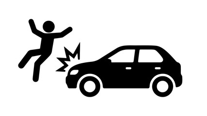 Stickman pedestrian hit by a car icon representing road accidents, traffic danger, safety awareness, collision risk, and urban transportation hazards. © Ashiyana