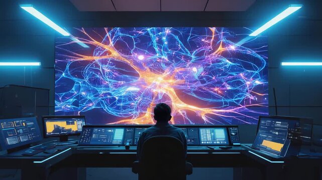 Futuristic tech control room with digital brain neural network interface and operator monitoring data streams