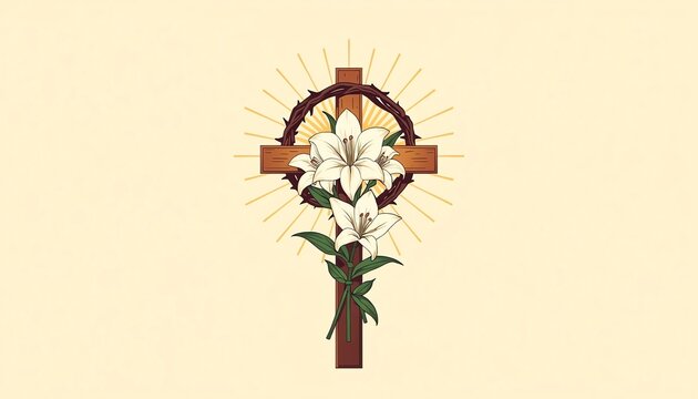 Vector illustration of cross with white lily flowers, crown of thorns and radiant sunburst symbolizing jesus crist resurrection and purity in a symbolic christian design element
