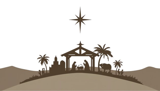 Vector illustration of jesus crist nativity scene with star above bethlehem skyline silhouette manger