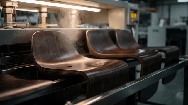 Darkstained plywood chair seats take form under pressing machines showcasing rich hues and grain patterns for elegant bentwood furniture production.