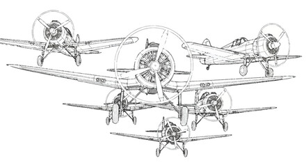 Vintage biplane airplanes with propellers in multiple views aircraft © Vector Art