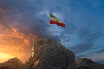 3D Rendering of a waving Iranian flag  with lion and sun symbol on rocky landscape © Brilliant Eye