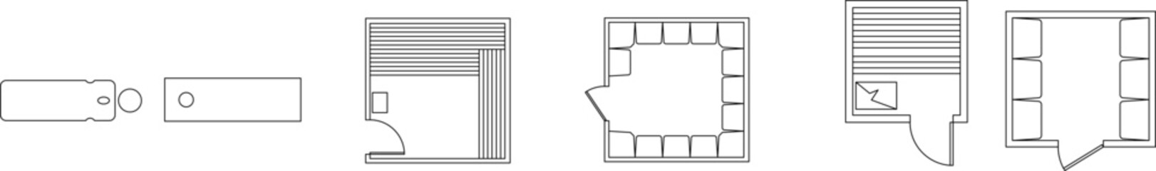 Technical vector drawings of gym equipment, sauna layouts, grand pianos, luxury beds, vehicles, door openings, IT hardware, and architectural symbols. © Riki
