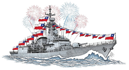Chilean warship with flags and fireworks Chilean flags navy © Vector Art
