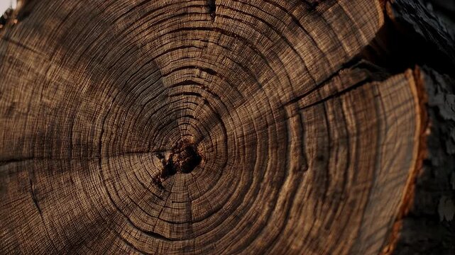 Close-up of a weathered tree stump, displaying concentric rings and intricate textures, sunlight