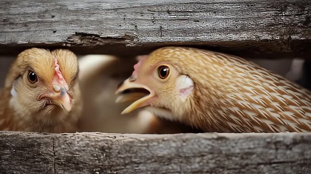 Four Cute Chicks Peeking Out from Wooden Fence