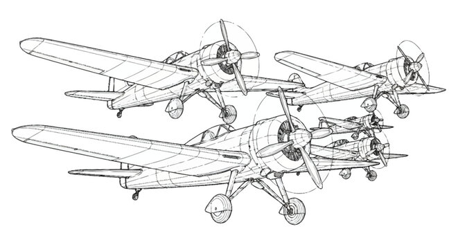 Black and white of three vintage biplanes with propellers vintage planes airplanes