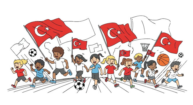 Children running with Turkish flags and sports equipment kids