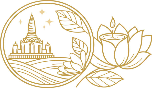 Gold line cambodia visak bochea day badge with temple and lotus flower line temple