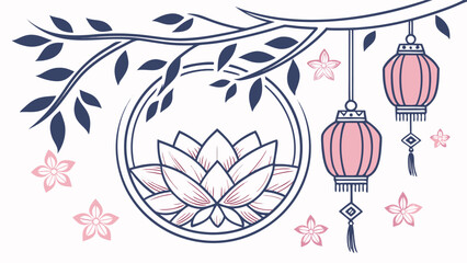 Pink lotus flower in oval frame with hanging lanterns and cherry blossoms pink and blue