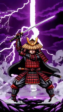 Fierce Samurai Warrior Stands Defiant Amidst a Storm of Lightning Pixel Art Illustration for Gaming Fantasy and Japanese Culture Themes