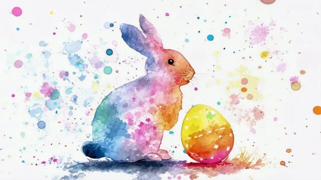 Colorful watercolor rabbit with easter egg and splashes of paint