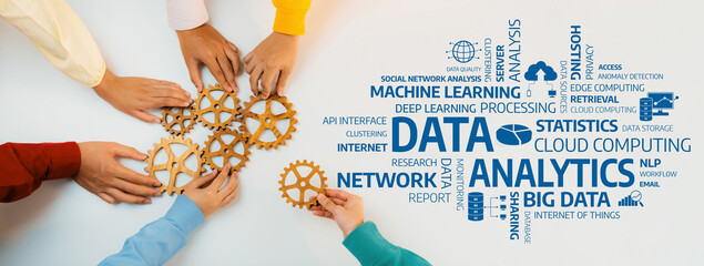 Obraz premium Hands gather around cogs, symbolizing teamwork in data analytics, showcasing the integration of machine learning and statistical analysis in modern business practices. Amity
