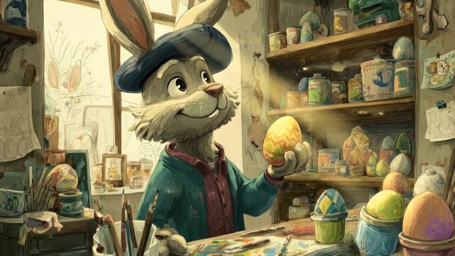 Artistic rabbit painting easter eggs in cozy workshop setting