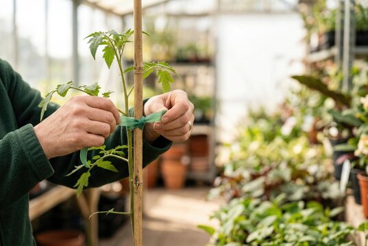 A gardener's hands carefully tying a young tomato plant to a bamboo stake for support
