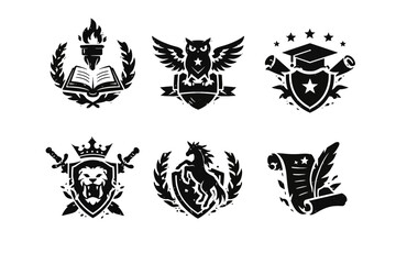 Obraz premium Showcasing six black‑and‑white education logos on a plain backdrop, viewed head‑on, highlighting knowledge, wisdom, strength, protection, achievement