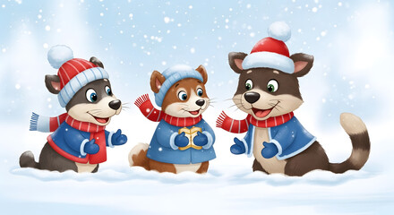 Playful creatures interacting in a cold wintry environment