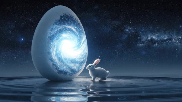 Cosmic egg mystery: a rabbit's stargazing encounter in a celestial landscape