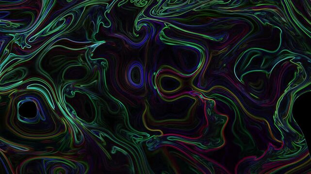 Dark abstract neon fluid motion with subtle glowing lines and deep organic flow in green, purple, and multicolor tones. Atmospheric liquid texture ideal for cinematic backgrounds.