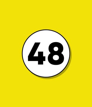 Abstract motion graphic with a white circle appearing and displaying number forty eight on yellow background