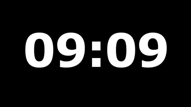 Digital countup clock timer in zero second to 10 minute. White text number on isolated black background. 10 minute countdown timer with black background. Motion graphics of timer concept