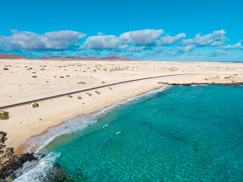 Beautiful aerial panoramic view of Moro Beach, or Playa Alzada, or Grandes Playa near Corralejo in Fuerteventura Canary Islands Spain