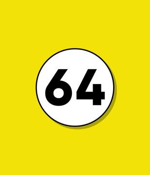 A dynamic animation showcasing the number sixty-four appearing on a white circular background with a shadow effect