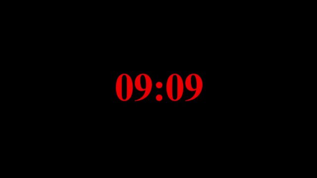 Digital countup clock timer in zero second to 10 minute. White text number on isolated black background. 10 minute countdown timer with black background. Motion graphics of timer concept