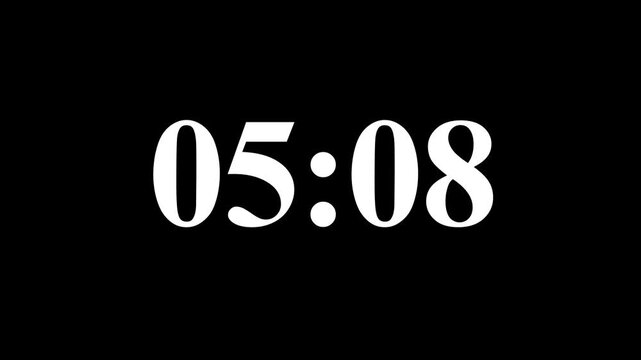 5 minutes Digital countdown 60 seconds. Five minute countdown timer animation on transparent background un black background. Motion graphics of timer concept