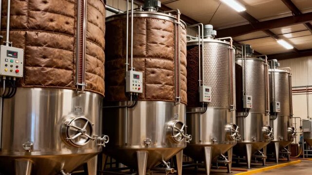 Medium shot of vertical insulated cocoa liquor holding tanks with visible temperature control panels and agitators maintaining consistent quality in a production facility.