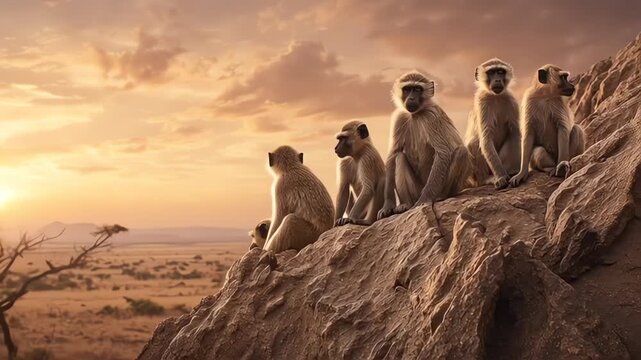 Baboon Troop on Rocky Outcrop at Sunset Safari Wildlife