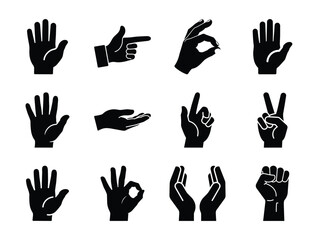 Obraz premium set of hand gestures, Collection of diverse hand gestures and poses icons representing communication and actions. Vector