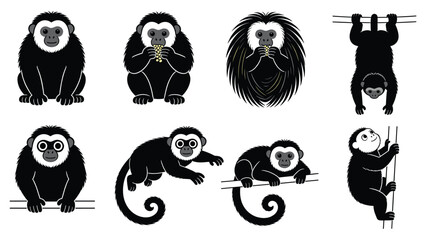 Various primate species elements in different poses and activities, showcasing diverse monkey behaviors and actions in a vector illustration © Ube