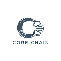 Obraz premium Robotic arm C shape with globe logo for global industrial automation Core Chain