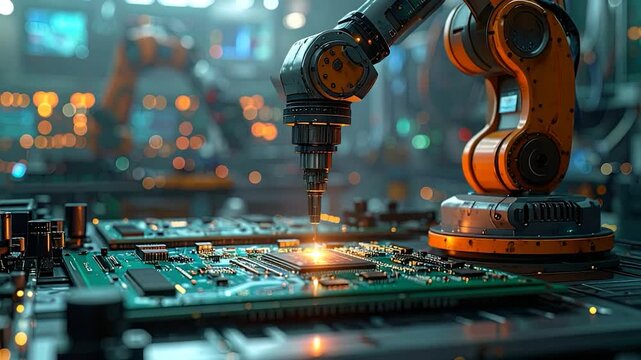 Robotic arm assembling a circuit board in a high-tech factory