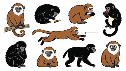 Diverse primate species in various poses and activities, showcasing global monkey diversity and behaviors in a vector illustration pack. © Ube