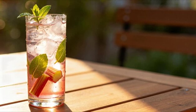 refreshing sparkling rhubarb lemonade with ice and mint for spring drink business