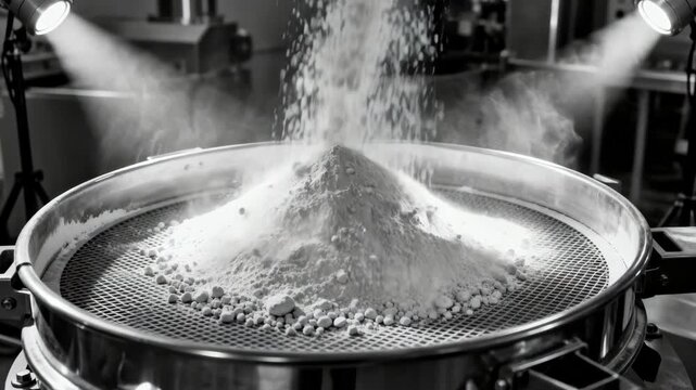 Medium shot of vibratory sieve shaking fine powder under controlled lighting highlighting precise particle separation in an industrial setting.
