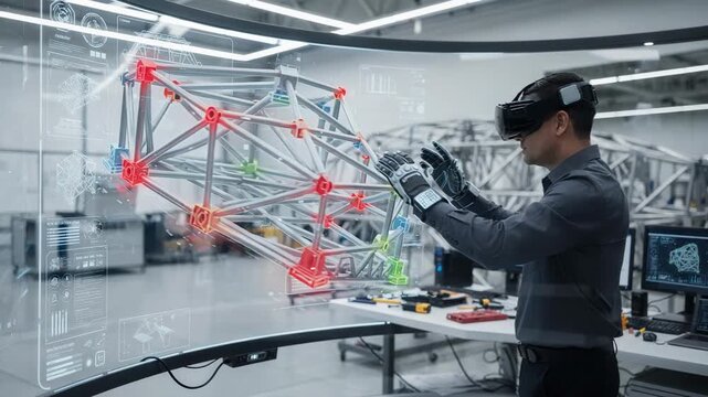 Engineer reviews digital twin of truss system in virtual reality station analyzing 3D model details against physical production for precise structural accuracy and design