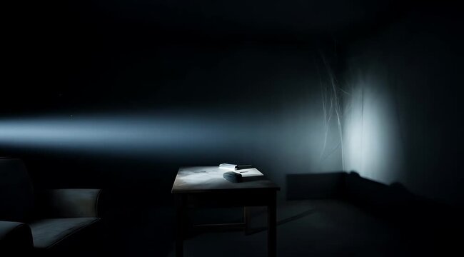 The profound silence of an abandoned, dimly lit room creates an atmosphere of chilling mystery and psychological tension, with harsh light revealing fragments of a forgotten narrative