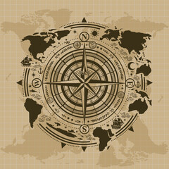 Naklejka premium Vintage Compass with old world map Illustration . Wind Rose. . World nautical vintage star for mariners latitude and longitude navigation measurement equipment. Eps10