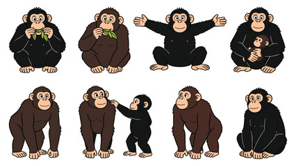 Various primate species in different poses and activities illustrated in a vector graphics file, showcasing monkey behavior and emotions. © Ube